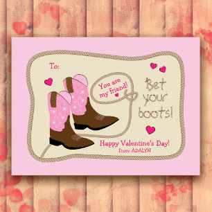 Pink Cowboy Boots Classroom Valentine's Day Card