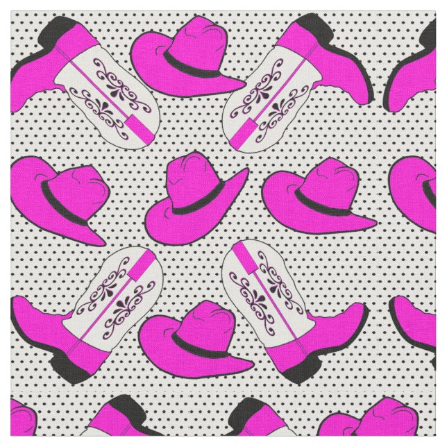 Pink Cowboy Boots Hats  on Small Dot Background Fabric (Close Up)