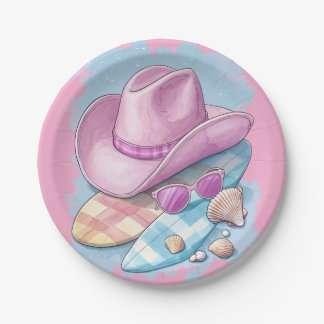Pink Cowboy Hat and Surfboards - Beachy Western Paper Plate