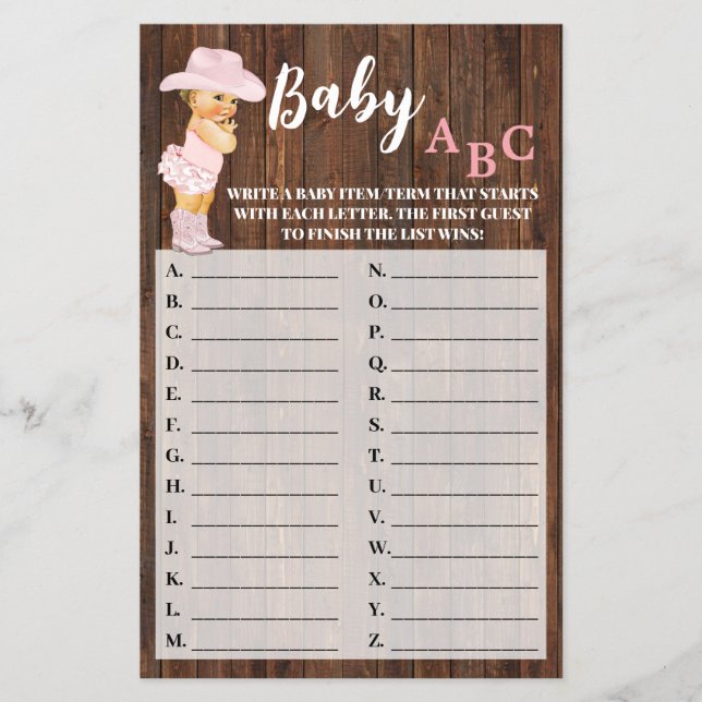 Pink Cowgirl Baby ABC Baby Shower Game Card (Front)