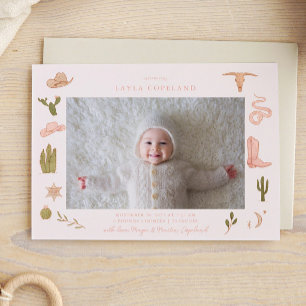 Pink Cowgirl Baby Photo Birth Announcement