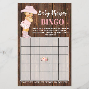 Pink Cowgirl Baby Shower Bingo Game Card Flyer