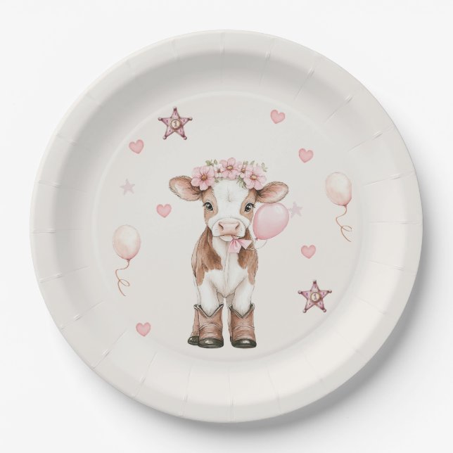 Pink Cowgirl Birthday | Farm Theme 1st  Paper Plate (Front)