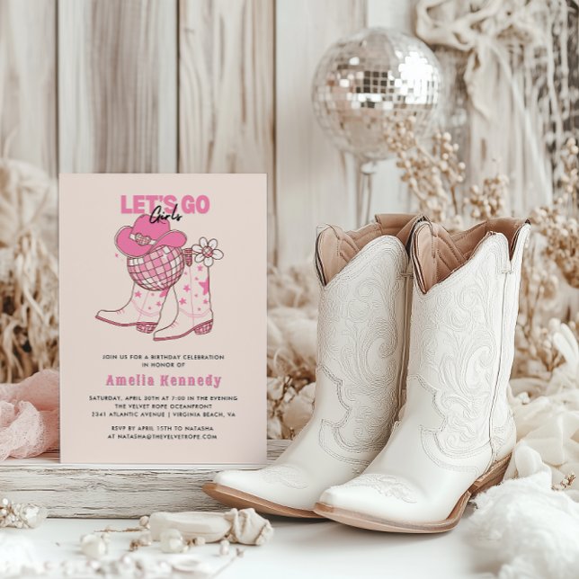 Pink Cowgirl Birthday Party Lets Go Girls Retro In Invitation (Let's Go Girls Cowgirl Disco Birthday Party! )