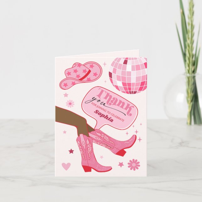 Pink Cowgirl Birthday Party Thank You Card (Front)