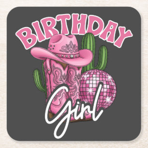 Pink Cowgirl Birthday Western Glam Style Square Paper Coaster