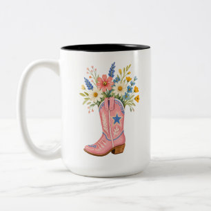 Pink Cowgirl Boot Wildflowers Floral Western Two-Tone Coffee Mug