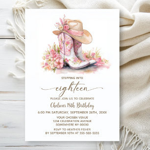 Pink Cowgirl Boots and Hat 18th Birthday Party Invitation