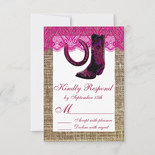 Pink Cowgirl Boots Horseshoe Burlap Lace RSVP Card (Front)