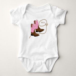 Pink Cowgirl Boots & Lasso Rope, Personalised Baby Bodysuit