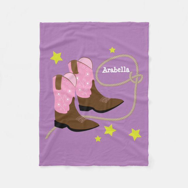 Pink Cowgirl Boots & Rope, Personalised Fleece Blanket (Front)