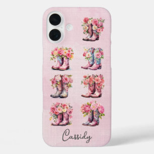 Pink Cowgirl Boots with Flowers Monogrammed iPhone 16 Plus Case