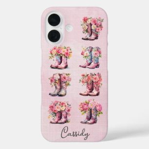 Pink Cowgirl Boots with Flowers Monogrammed iPhone 16 Case