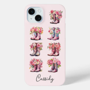 Pink Cowgirl Boots with Flowers Monogrammed iPhone 15 Mini Case