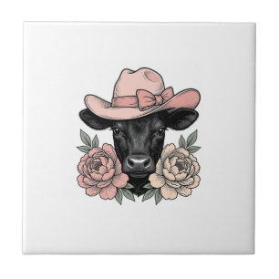 Pink Cowgirl Calf with Peonies Vintage Vector_1 Ceramic Tile