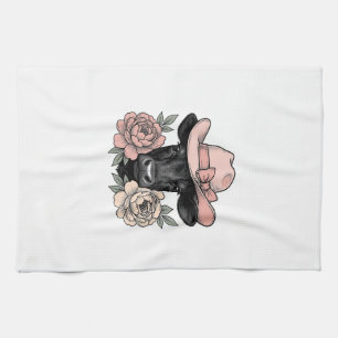 Pink Cowgirl Calf with Peonies Vintage Vector_1 Tea Towel