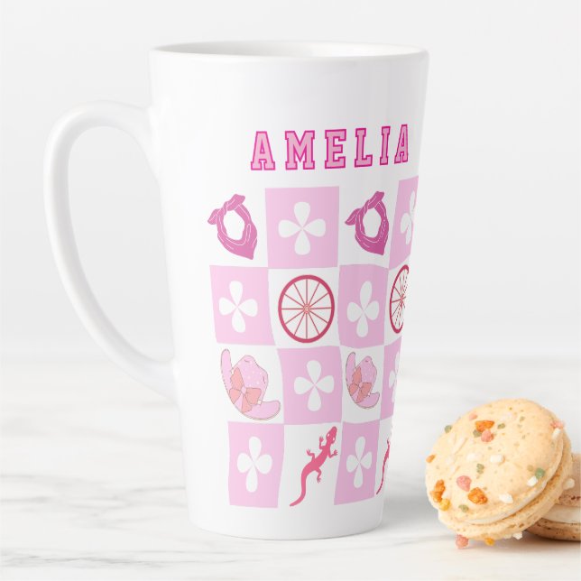 Pink Cowgirl Checkered with Flower Latte Mug (In Situ)