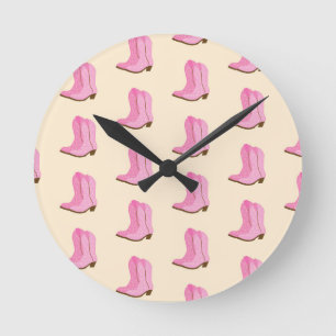 Pink Cowgirl Cowboy Boots Country Texas Ranch Round Clock