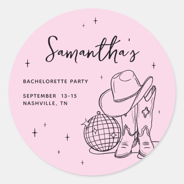 Pink Cowgirl Disco Last Rodeo Bachelorette Party Classic Round Sticker (Front)