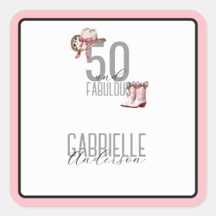 Pink cowgirl Elegant 50 and Fabulous Birthday Square Sticker