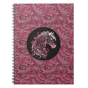 Pink cowgirl floral tooled leather horse head notebook