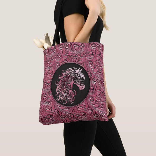 Pink cowgirl floral tooled leather horse head tote bag (Close Up)