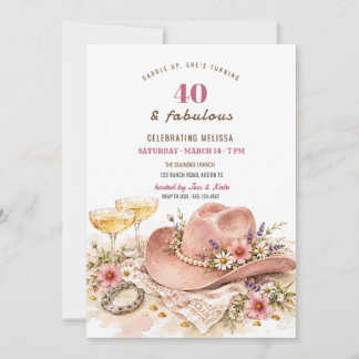 Pink Cowgirl Hat 40 and Fabulous Birthday Invitation