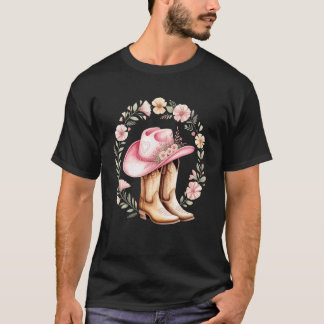 Pink Cowgirl Hat Boots Floral Wreath Western Style T-Shirt