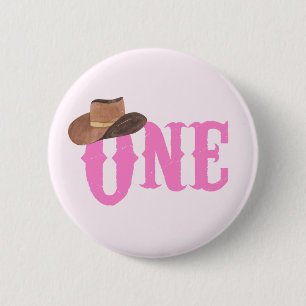 Pink Cowgirl Hat Themed ONE 1st Birthday 6 Cm Round Badge