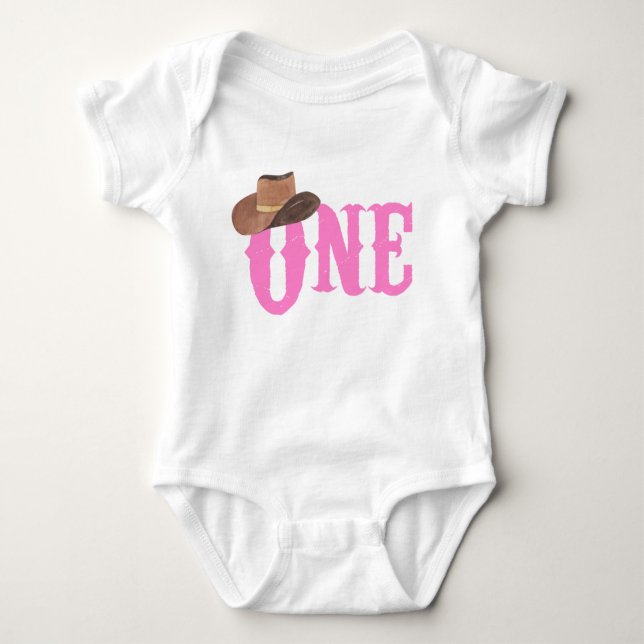 Pink Cowgirl Hat Themed ONE 1st Birthday Baby Bodysuit (Front)