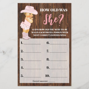 Pink Cowgirl How old was She Baby Shower Game Flyer
