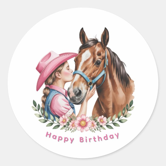 Pink Cowgirl Kissing a Horse Birthday Party Classic Round Sticker (Front)