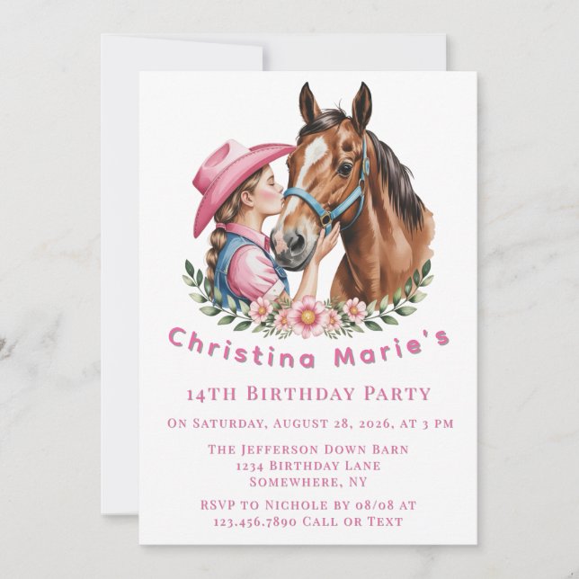 Pink Cowgirl Kissing a Horse Birthday Party Gift Invitation (Front)