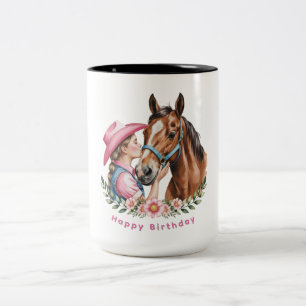 Pink Cowgirl Kissing a Horse Birthday Party Two-Tone Coffee Mug