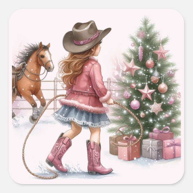 Pink Cowgirl Lassoing Christmas  Square Sticker (Front)