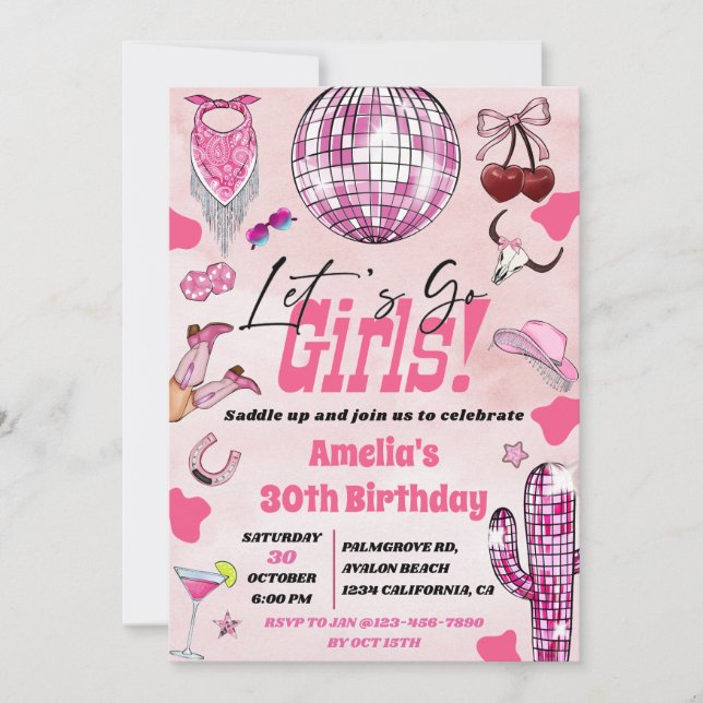  Pink Cowgirl Let’s go girls, Disco Rodeo Birthday Invitation (Front)