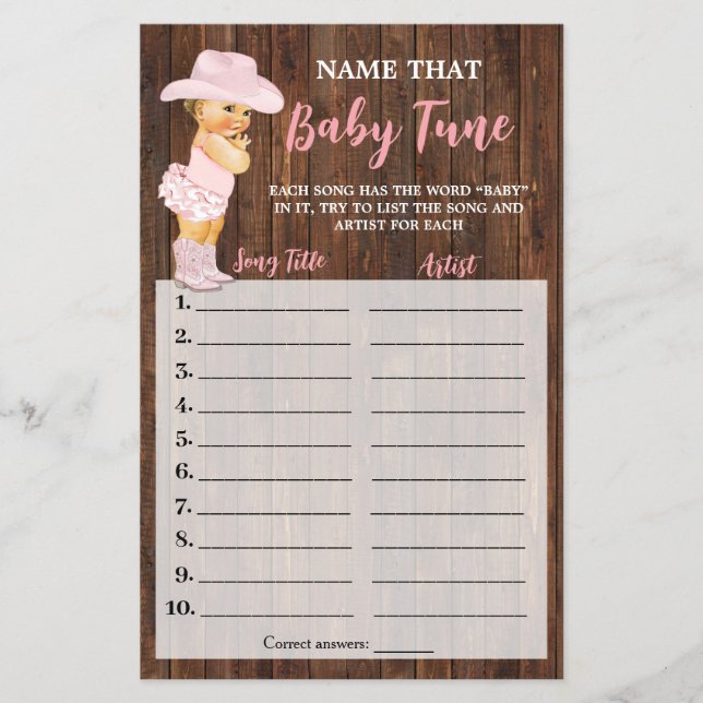 Pink Cowgirl Name that Baby Tune Shower Game Card (Front)