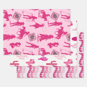 Pink Cowgirl Pattern Wrapping Paper Sheet