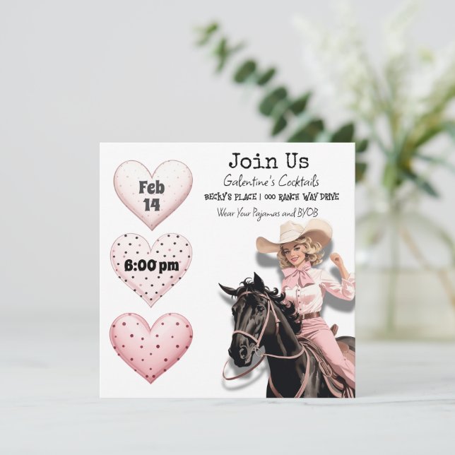Pink Cowgirl Retro Galentine's Day Party Holiday Card (Standing Front)