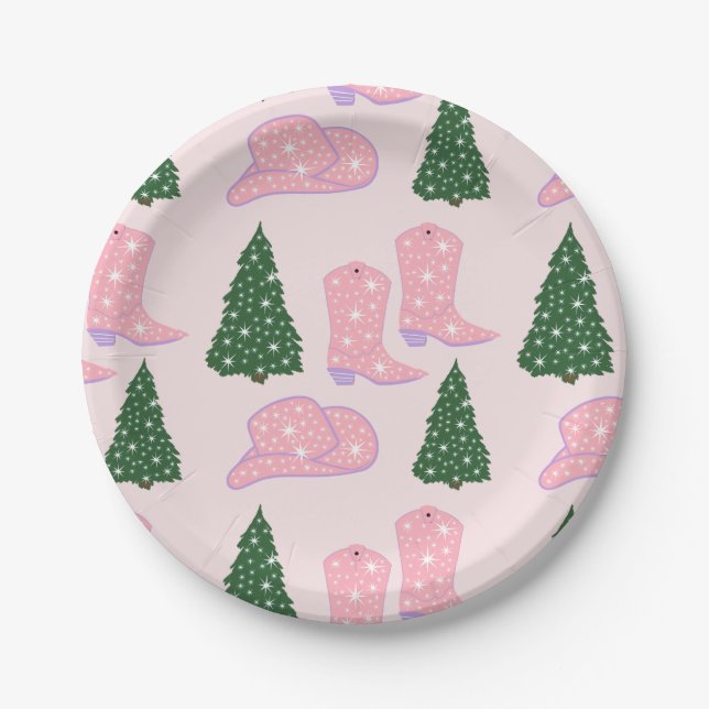 Pink Cowgirl Rodeo Hat Christmas Tree Paper Plate (Front)