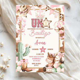 Pink Cowgirl Spanish Uno Baptism & First Rodeo Invitation