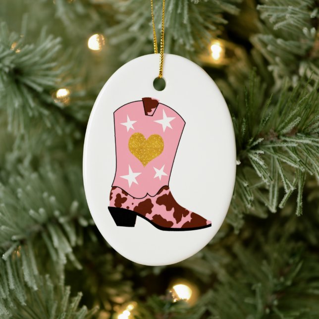 Pink Cowgirl Western Boot Christmas  Ceramic Ornament (Tree)