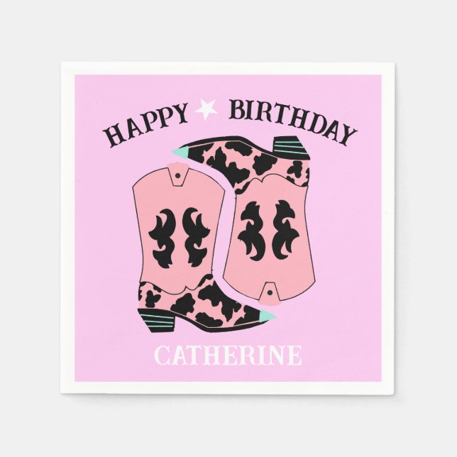 Pink Cowgirl Western Boots Ranch Cowboy Birthday Napkin (Front)
