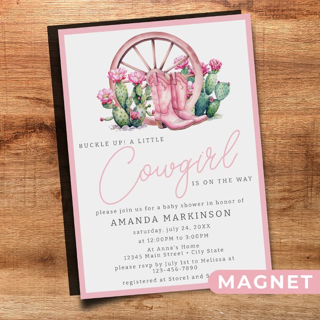 Pink Cowgirl Western Cactus Baby Shower Magnetic Invitation (Creator Uploaded)