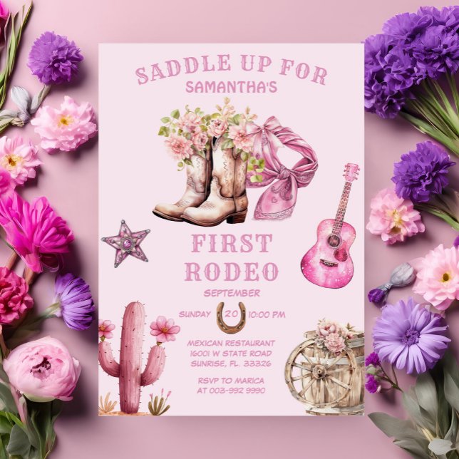Pink Cowgirl Western First Rodeo Bows Birthday Invitation (Creator Uploaded)