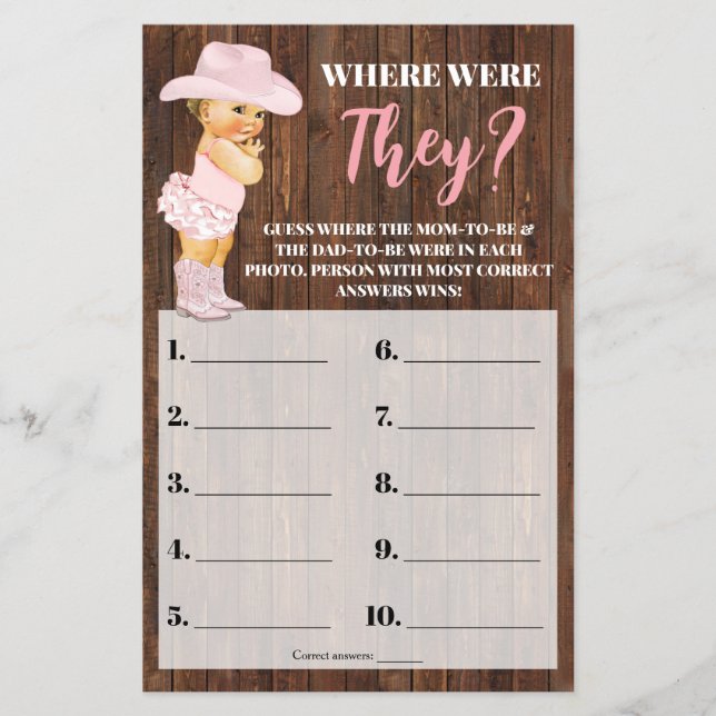 Pink Cowgirl Where Were They Baby Shower Game Card (Front)