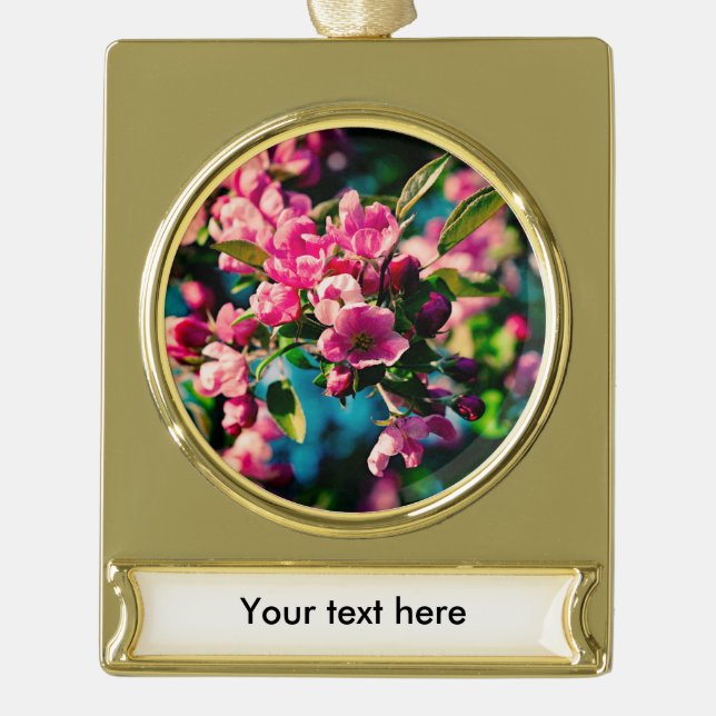 Pink Crab Apple Flowers Gold Plated Banner Ornament (Front)