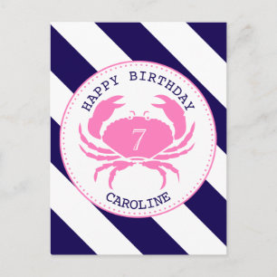 Pink Crab Nautical Birthday Invitation Postcard