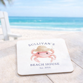 Pink Crab Navy Blue Script Coastal Beach House Square Paper Coaster