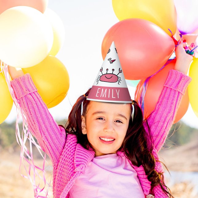 Pink Crab Sea Animal Girl Name Birthday Party Hat (Creator Uploaded)